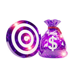 Leinwandbilder - Vibrant purple and pink geometric design featuring a bullseye target and a glimmering money bag representing the pursuit of financial goals investment strategies and business growth