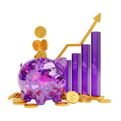 Aufkleber - A purple piggy bank surrounded by gold coins and a rising bar graph representing the concept of financial growth investment and increasing savings over time