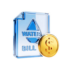 Aufkleber - A transparent glass or acrylic block representing a water bill with a gold dollar coin icon symbolizing the financial cost of the utility service