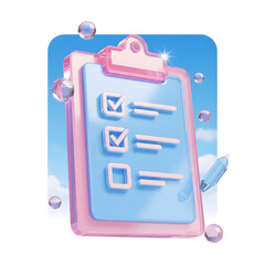 Poster - A digital clipboard shaped icon in soft pastel colors displaying a checklist or survey form on a serene blue sky background with fluffy white clouds