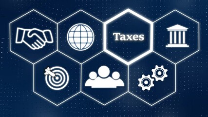 A Business Taxes concept Hi tech motion graphic background, white flickering dots on dark background .