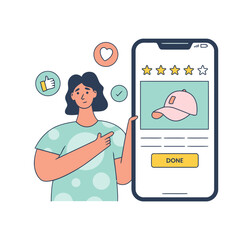 online shopping app review fashion shop woman mobile phone hat done like heart checkmark stars pink 