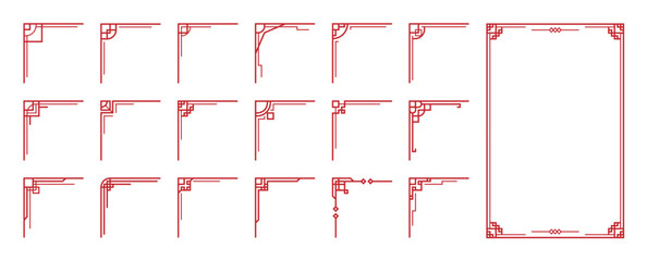 Aufkleber - Chinese frame corner ornament vector set. Decorative elements with line, corner, borders, frames, headers. Illustration of elegant design suitable for card, invitation, poster, cover.