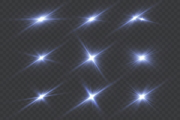 Poster - Radiant light burst with sparkling effects, featuring glowing flares blue, lens explosions, glittering lines, sun flashes, star neon sparks. A bright abstract lighting effect with a white glow.