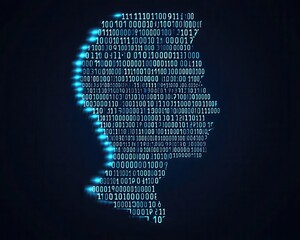 startup founder silhouette made from binary code, digital innovation concept