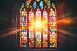 © Tithi - Stunning sunlight illuminates a colorful stained glass window in an ancient church building