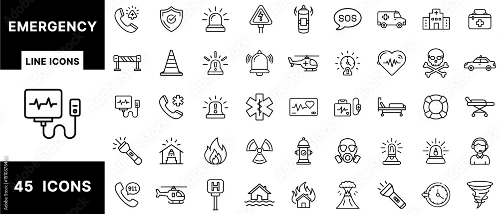 Emergency Line Icons Bundle Featuring First Aid, Rescue Tools, Natural ...