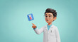 © Aksaka - Cartoon Scientist with Blood Test Icon - Medical Research