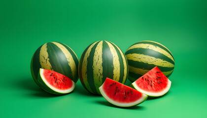 Wall Mural - juicy watermelon pattern mockup on a lush green backdrop, dramatic. with white shades