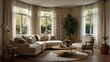 © Candra - Beige living room with bay windows. Sunlight streams in