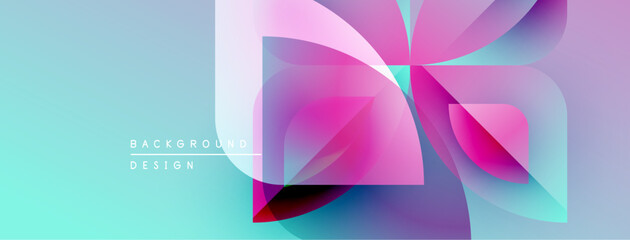 Leinwandbilder - Abstract vibrant design features overlapping shapes, gradients. Turquoise, pink, purple hues create modern visual effect. Background text present.