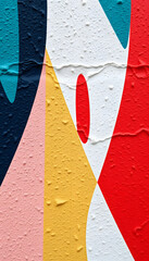 Wall Mural - Vibrant urban wall texture closeup with bold geometric patterns, perfect for contemporary wallpaper design, featuring a striking mix of solid colors and abstract minimalism., dinamic scene. with whi