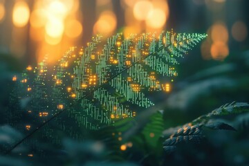 Fototapete - A fern leaf digitally overlaid with glowing circuit board patterns, symbolizing nature's technology.