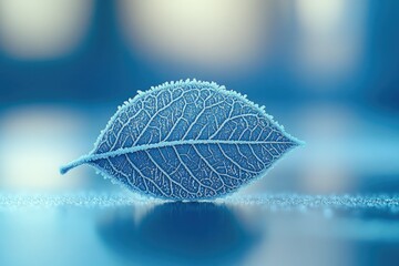 Aufkleber - A frost-covered leaf rests on a glistening surface, showcasing intricate vein details and a serene winter scene.