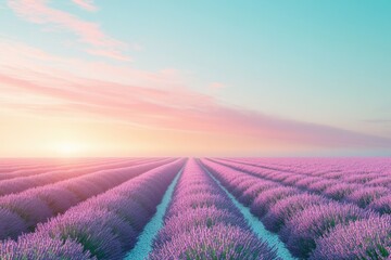Aufkleber - Serene sunrise over rows of lavender fields, creating a picturesque and tranquil scene.