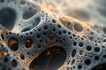 Poster - Abstract 3D rendering of a porous, interconnected structure resembling a complex network or cellular material.