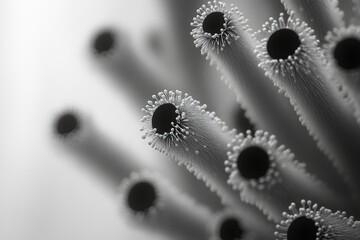 Poster - Microscopic image showing numerous cylindrical structures with tiny, hair-like protrusions.