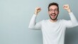 © Larysa - Man's Exuberant Celebration: A Portrait of Joy, Success, and Unbridled Enthusiasm with Arms Raised High in Triumph
