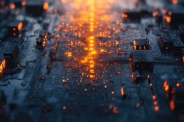 Leinwandbilder - Intricate circuit board with glowing orange nodes, representing complex technological processes and data flow.
