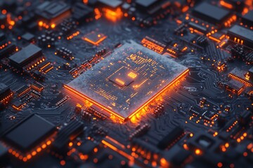 Leinwandbilder - Close-up of a lit-up CPU on a circuit board, showcasing intricate technological detail.