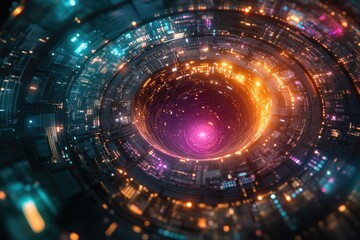 Aufkleber - A vibrant, glowing wormhole, a futuristic tunnel of light and technology, leading into an unknown cosmic destination.