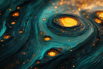 Poster - Abstract teal and gold swirling texture with glowing craters, resembling a cosmic landscape or deep ocean.