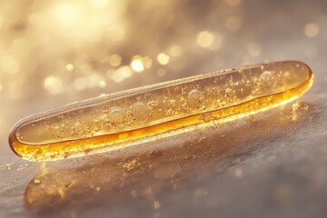Poster - A translucent, amber-colored object with air bubbles, possibly ice, rests on a reflective surface.