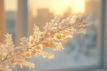 Poster - Frost-covered branch glows in the golden sunlight, a winter wonderland scene.