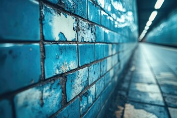 Aufkleber - Weathered blue tiled wall in a dimly lit tunnel, showing age and texture.
