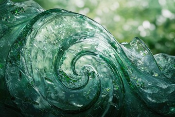 Aufkleber - Swirling green glass sculpture, abstract art, nature inspired, unique texture.