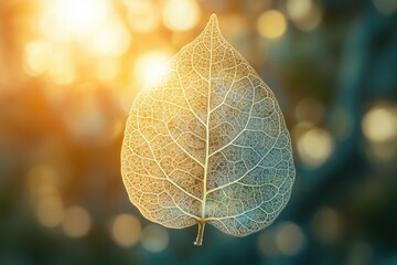 Poster - A delicate, translucent leaf skeleton backlit by warm sunlight, creating a beautiful natural bokeh effect.
