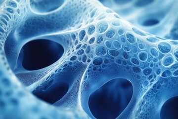 Poster - Abstract blue network with interconnected nodes and cavities, resembling a complex biological structure or futuristic technology.