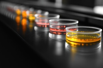 Poster - Laboratory petri dishes with vibrant orange and red liquids, showcasing scientific experiments.