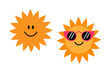 © Monika Jurczyk - Cute cartoon sun icons with happy faces, one wearing pink sunglasses. Fun summer-themed illustration perfect for kids graphics, weather icons, and sunny vacation designs. Isolated PNG file