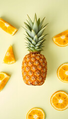 Wall Mural - Juicy pineapple on vibrant backdrop, artistic arrangement, room for text. Overhead view design. Fresh produce theme graphic., Backlit. with white shades