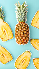 Wall Mural - Juicy pineapple on vibrant backdrop, artistic composition with ample copy space. Stylish flat lay arrangement. Fresh food theme design., sticker style. with white shades