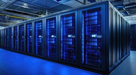 Aufkleber - Modern high tech data center with rows of illuminated server racks glowing blue, ideal for cybersecurity visuals, cloud infrastructure ads, or technology presentations