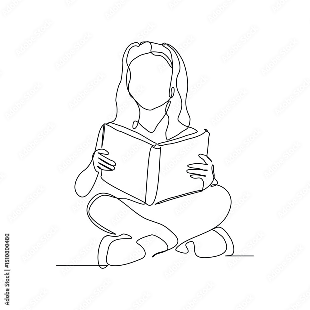 Continuous line drawing child girl sitting and read a book. Single line ...