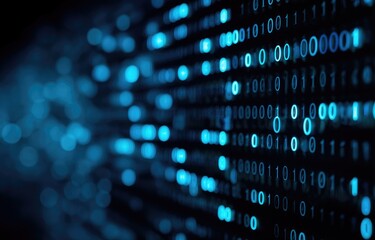 Fototapete - Abstract digital background with glowing blue binary code, ideal for cybersecurity visuals, software development themes, tech interfaces, or artificial intelligence concepts