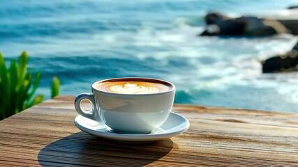Wall Mural - Enjoying a cup of coffee by the sea with a refreshing coastal view and sunlit waters, Cup of coffee on table by the sea with coastal view Relaxing coastal morning concept