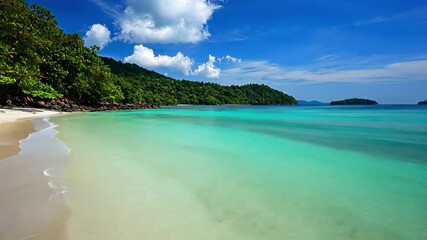 Wall Mural - Serene beach with white sand and crystal clear waters under a bright blue sky, beautiful beach and sea with white sand