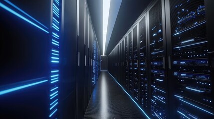 Aufkleber - Modern data center hallway with glowing blue LED server racks and high-gloss black floor, perfect for cloud computing, cybersecurity infrastructure, digital networks, or futuristic tech environments
