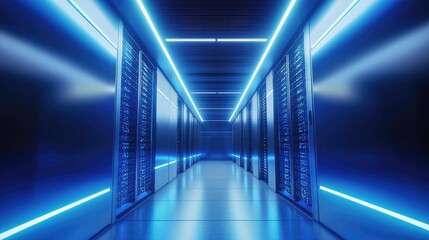Aufkleber - Futuristic data center with glowing blue LED lights and high-tech server racks in a polished hallway, ideal for cloud computing, cybersecurity, IT infrastructure, or digital storage solutions