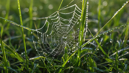 Spider web web on a green plant in nature