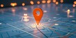© EON CGI  - Orange location pin on a detailed map with glowing lights indicating destinations and routes