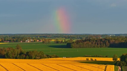 Wall Mural - a vibrant rainbow begins over a sunny landscape filled with yellow and green fields.