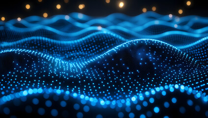 Wall Mural - blue digital wave particles glowing, dark background, abstract tech design