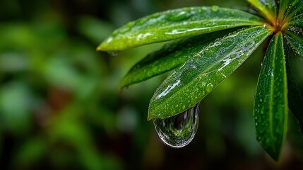 Wall Mural -   A green leaf with a drop of water on its tip against a blurred backdrop of green leaves
