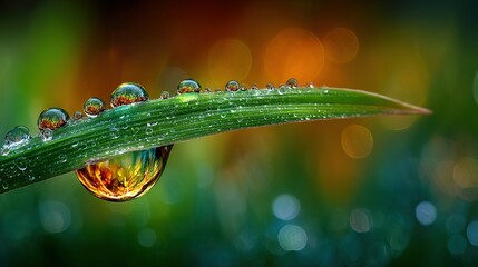 Wall Mural -   Green leaf with water droplets and blurry background