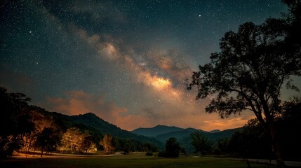 Wall Mural - the night sky shines brightly with stars trees stand out as dark shapes against the mountain and roa